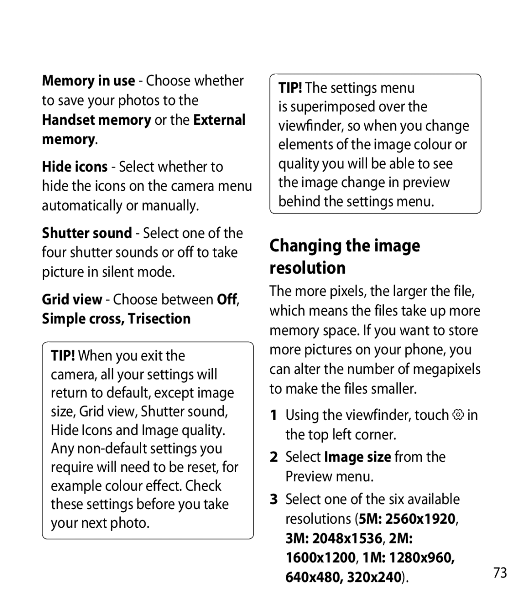 LG Electronics GM750 Changing the image resolution, Simple cross, Trisection, Select Image size from the Preview menu 