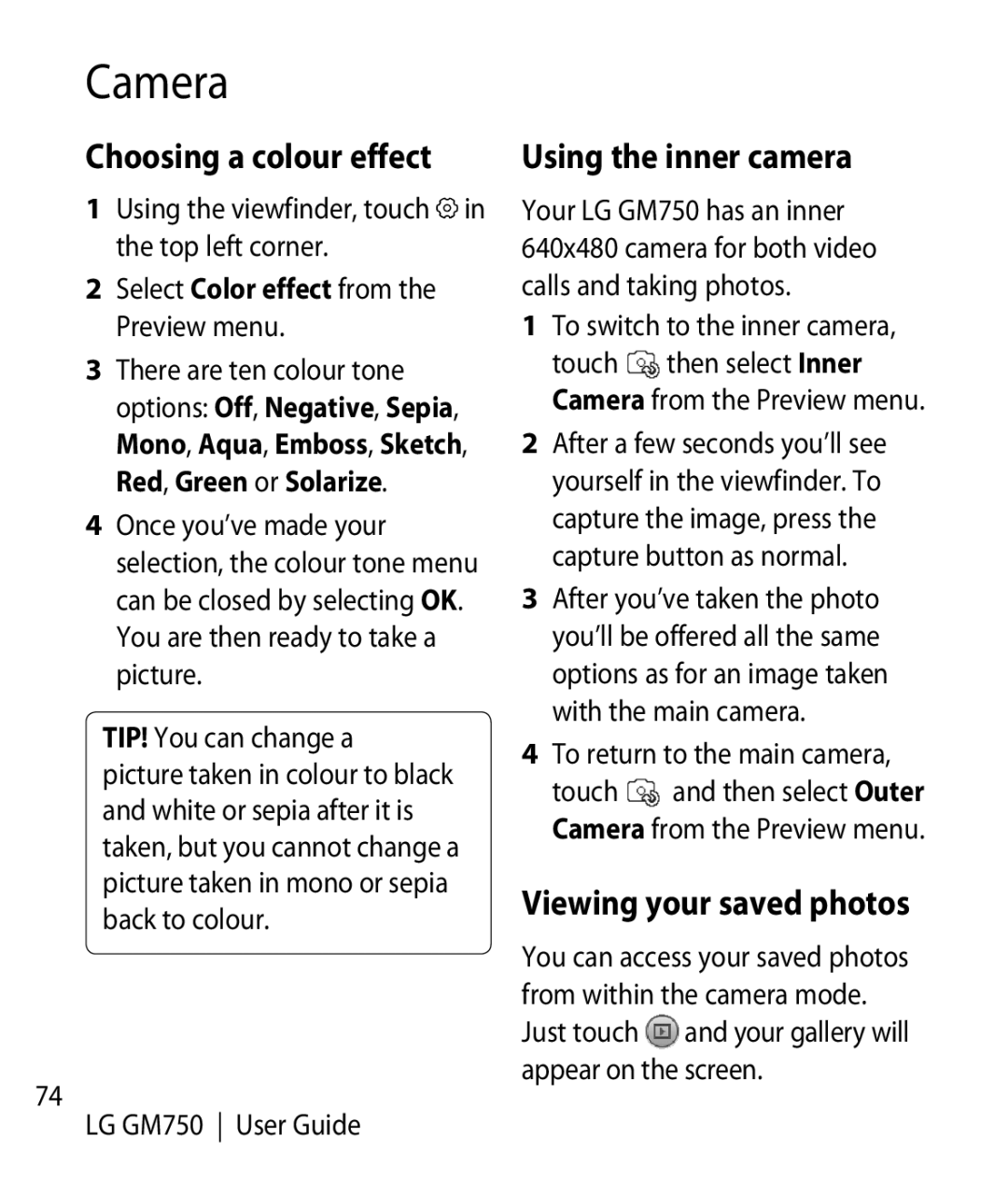 LG Electronics GM750 manual Choosing a colour effect, Using the inner camera, Viewing your saved photos 