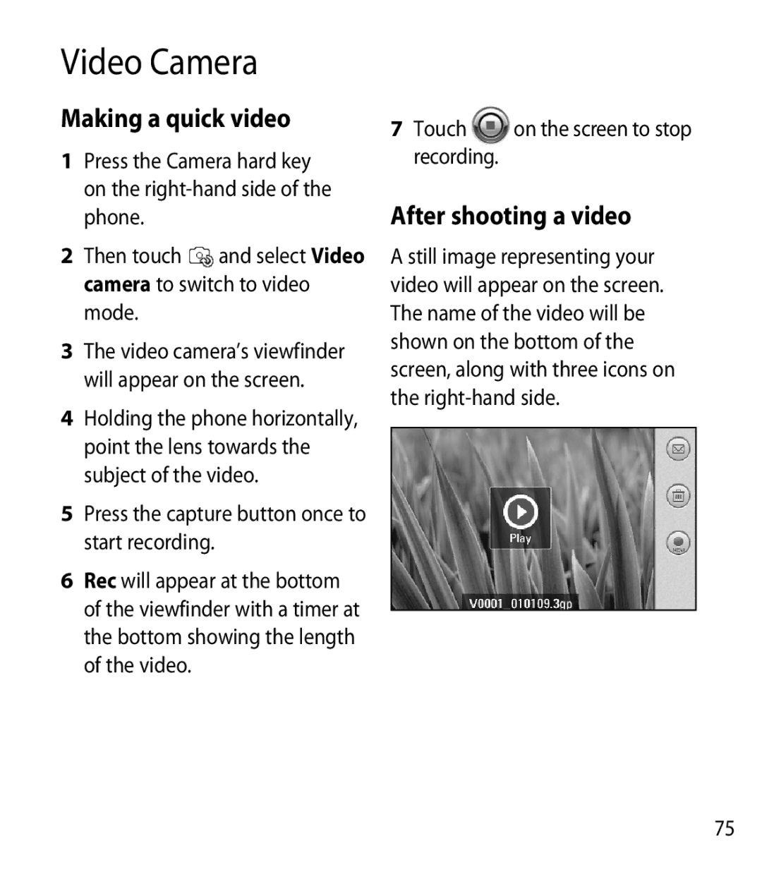 LG Electronics GM750 manual Video Camera, Making a quick video, After shooting a video, Recording 