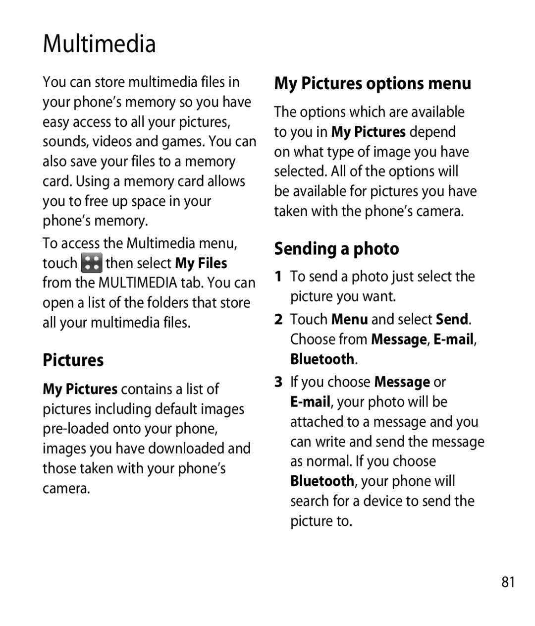 LG Electronics GM750 manual Multimedia, My Pictures options menu, Sending a photo 