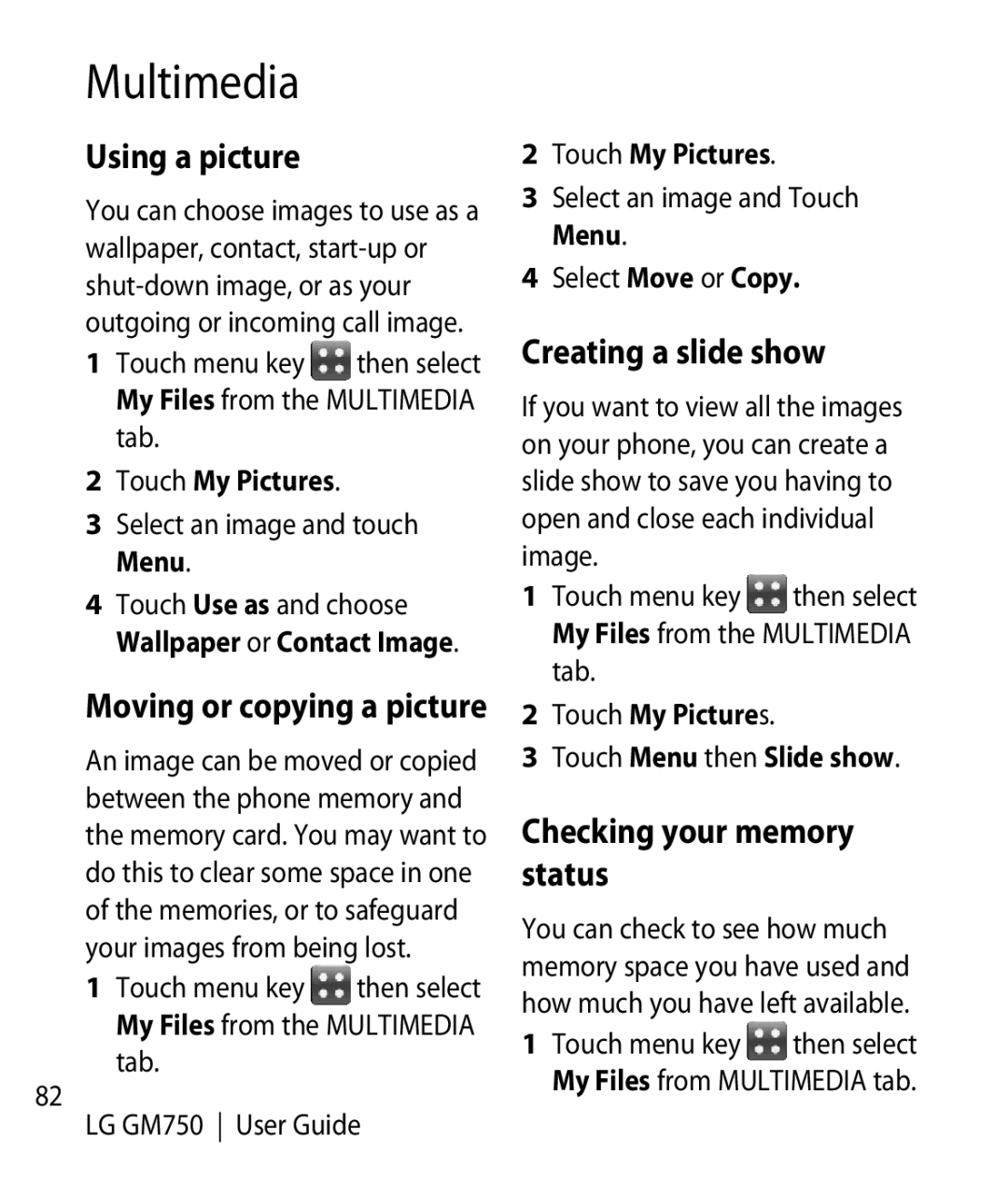 LG Electronics GM750 Using a picture, Moving or copying a picture, Creating a slide show, Checking your memory status 