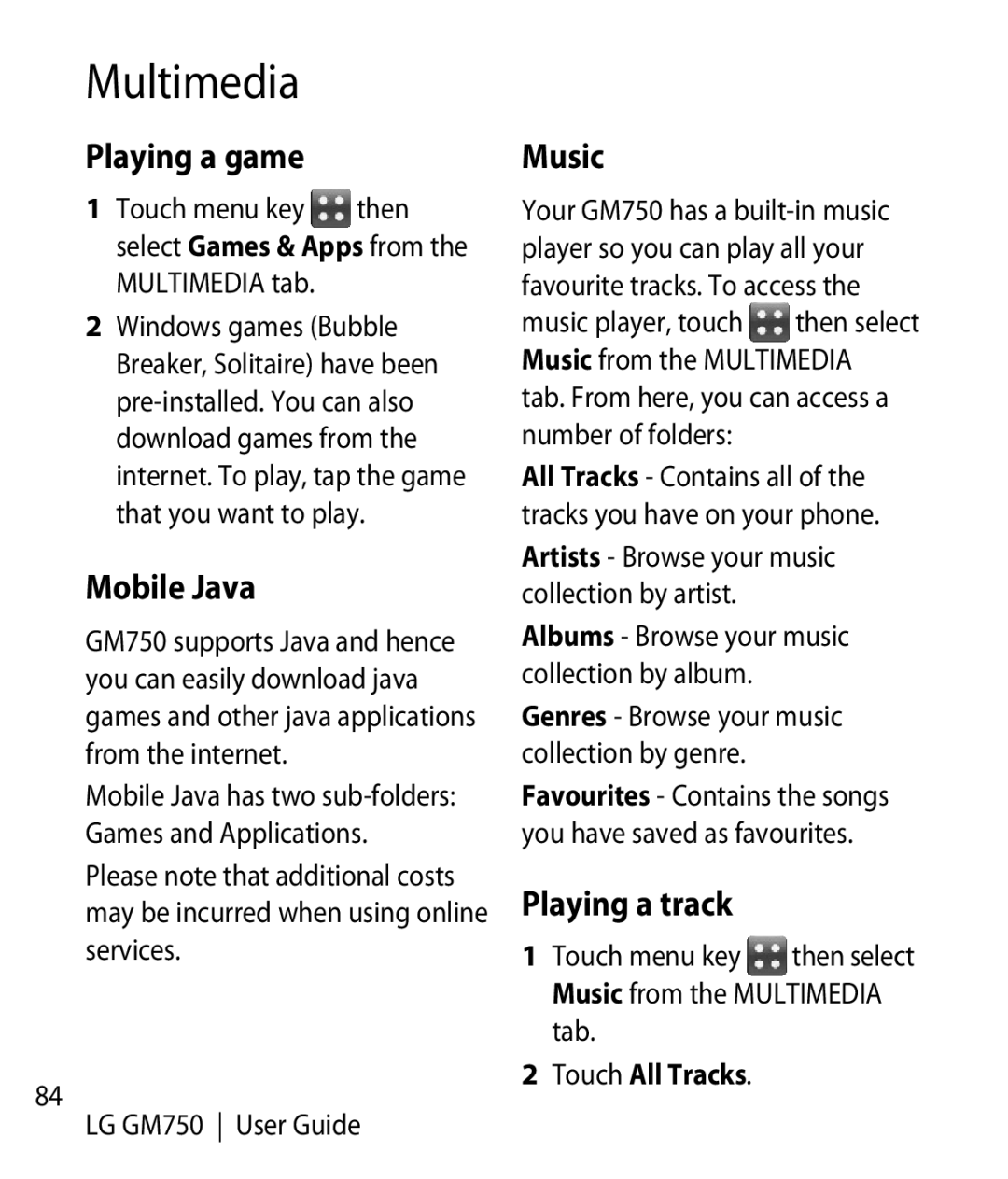 LG Electronics GM750 manual Playing a game, Mobile Java, Music, Playing a track 