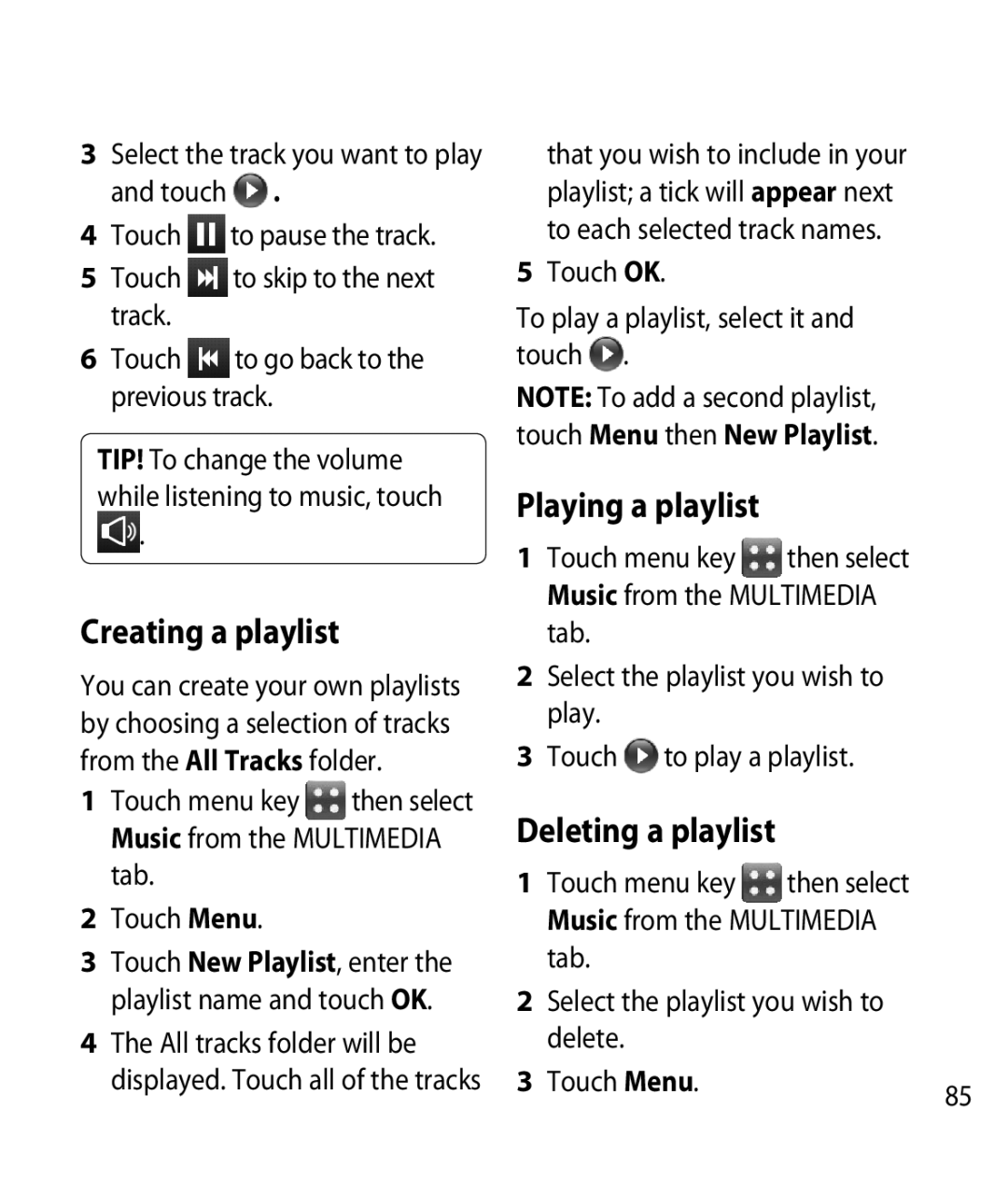 LG Electronics GM750 manual Creating a playlist, Playing a playlist, Deleting a playlist, Track Touch 