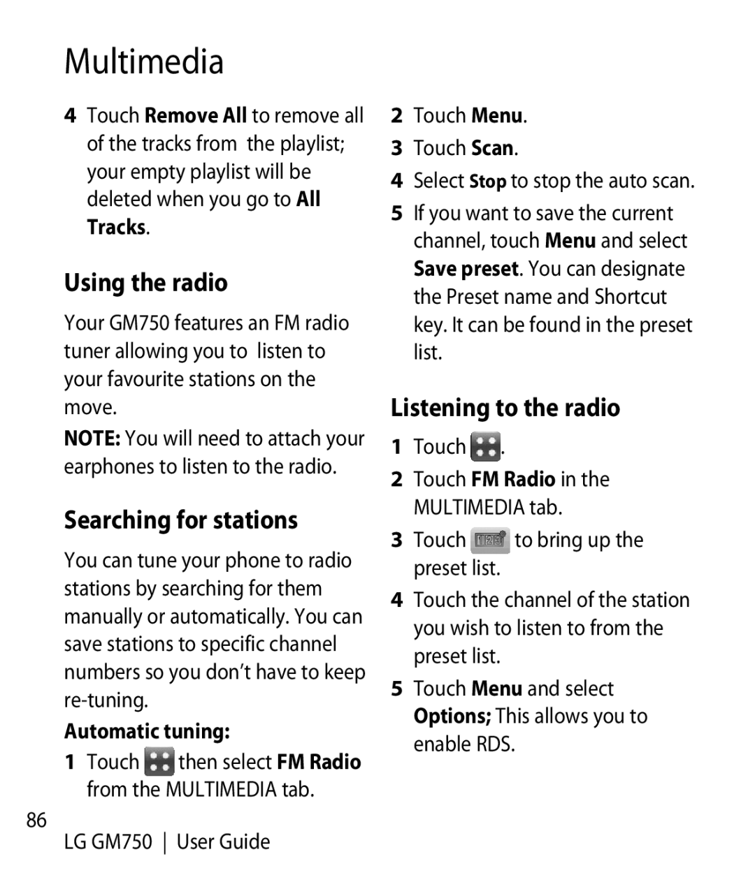 LG Electronics GM750 manual Using the radio, Searching for stations, Listening to the radio, Automatic tuning 