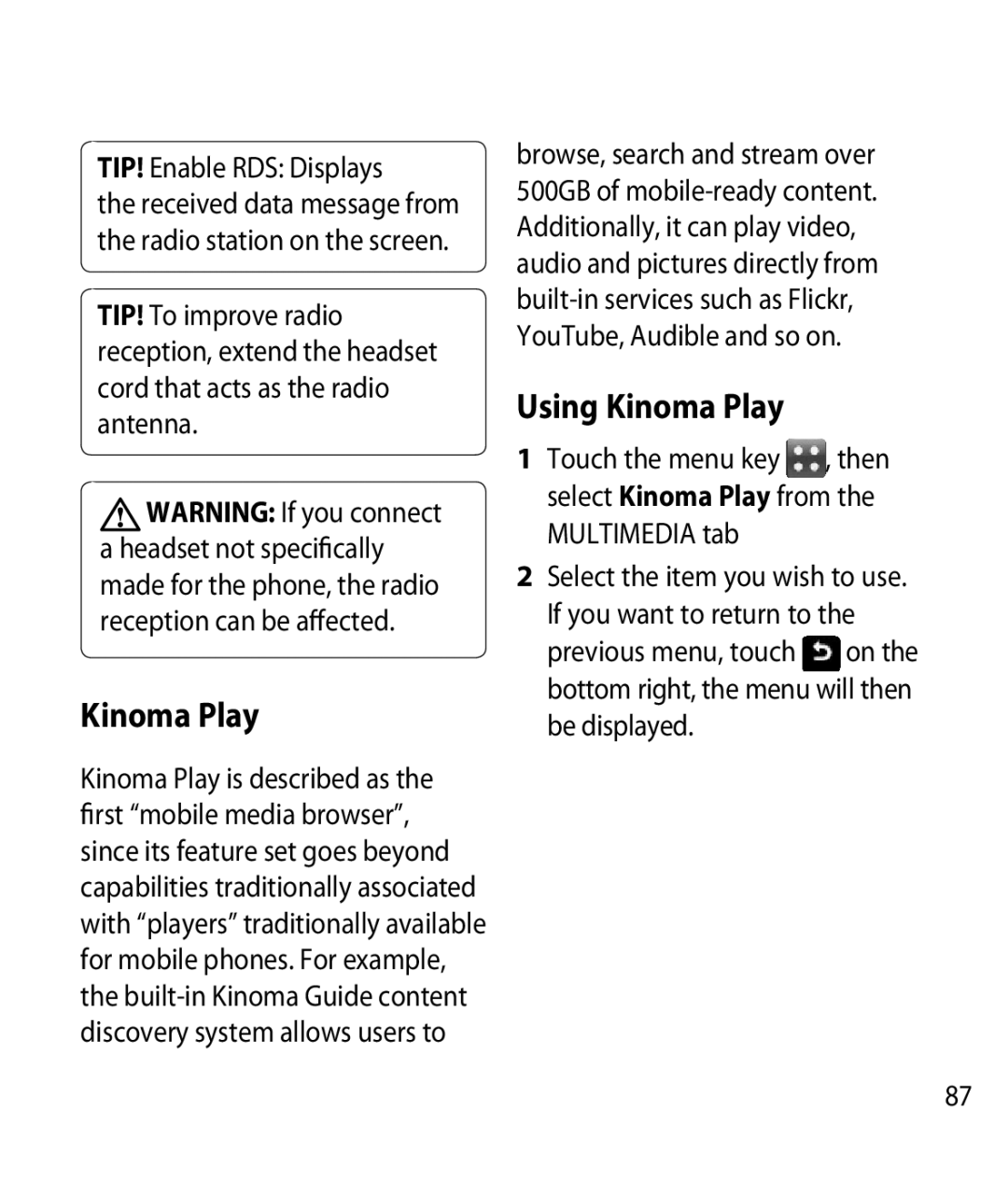 LG Electronics GM750 manual Using Kinoma Play, TIP! Enable RDS Displays 