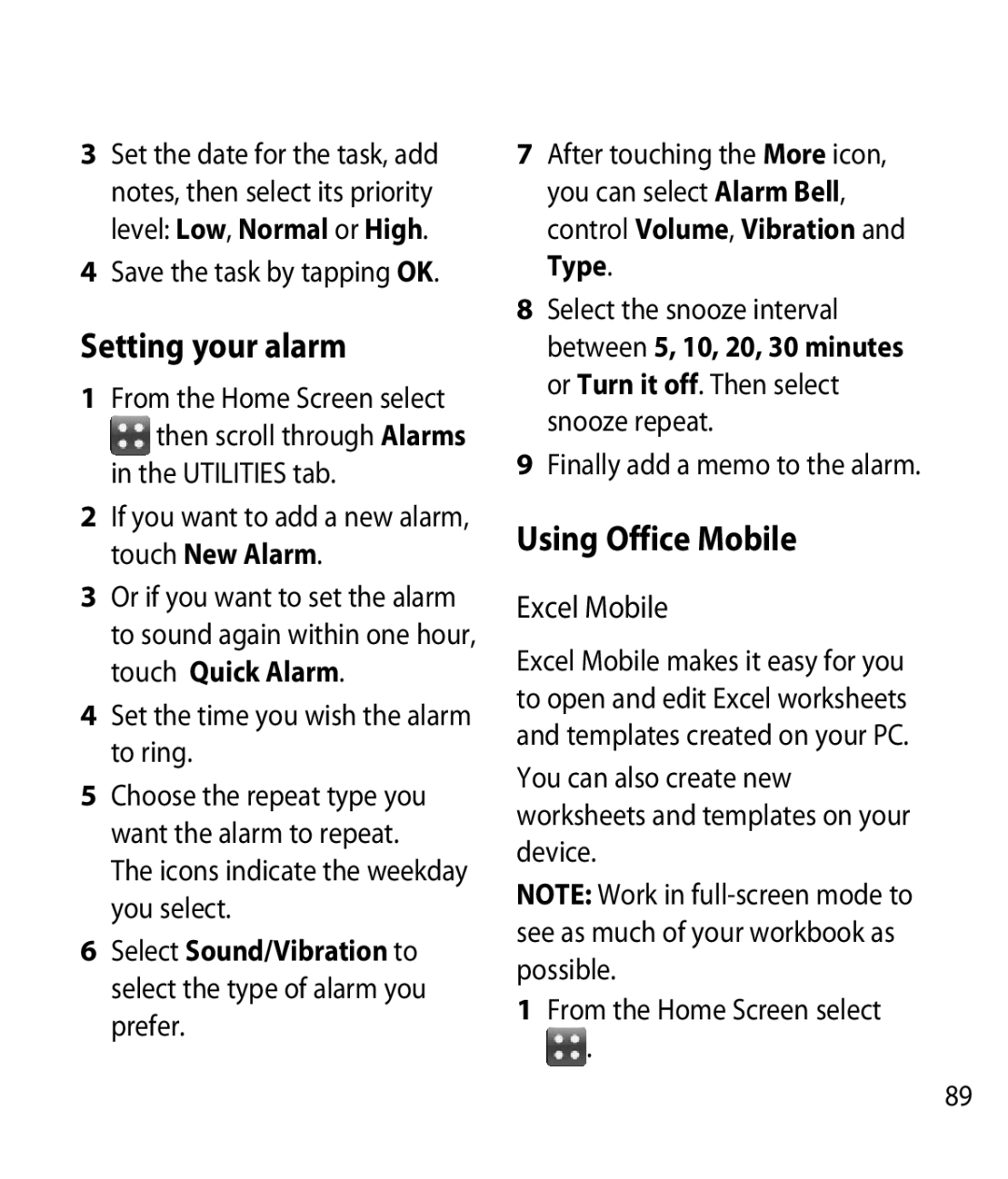 LG Electronics GM750 manual Setting your alarm, Using Office Mobile, Excel Mobile 