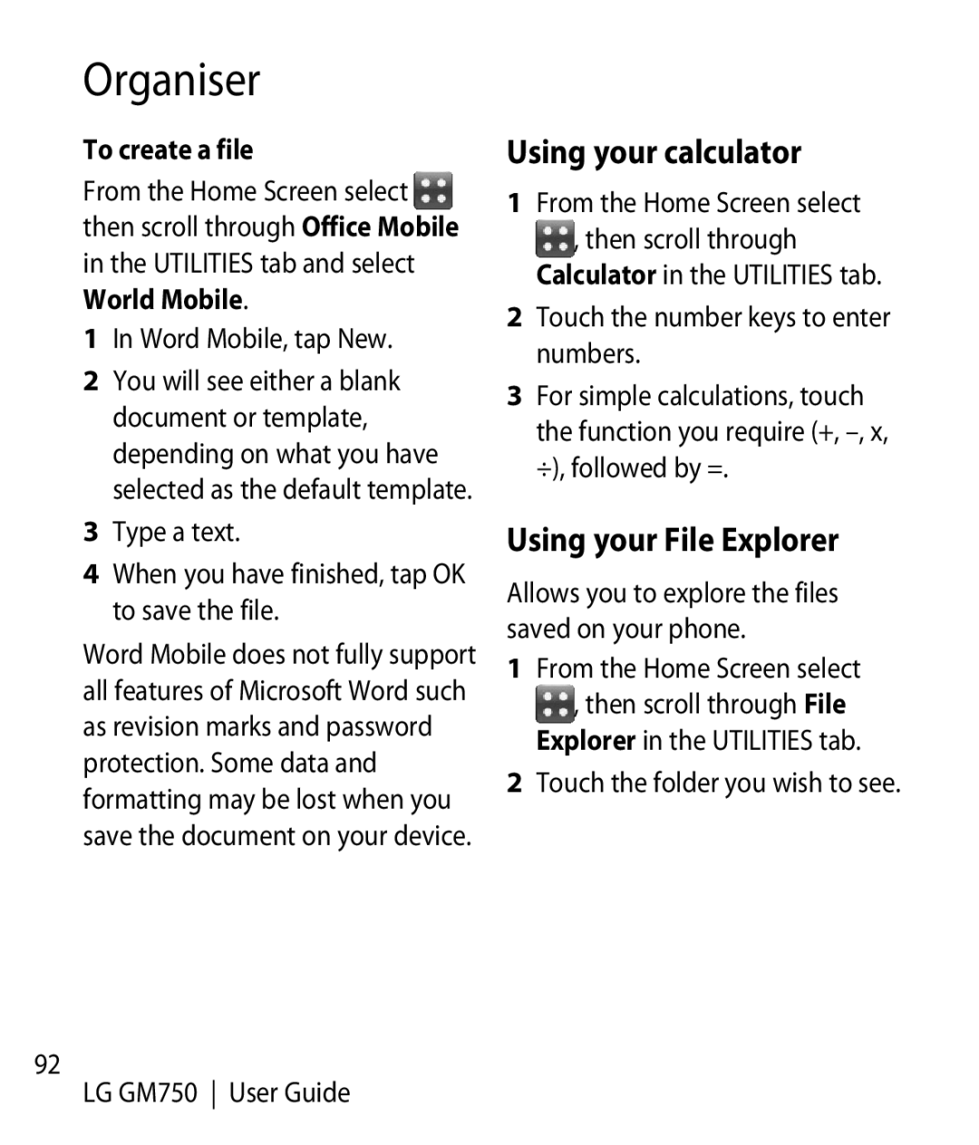 LG Electronics GM750 manual Using your calculator, Using your File Explorer, To create a file 