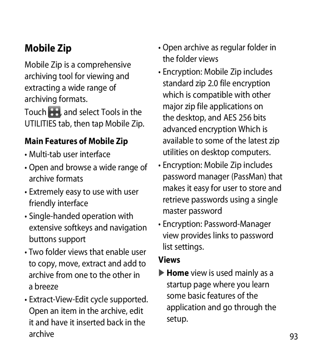 LG Electronics GM750 manual Main Features of Mobile Zip, Views 