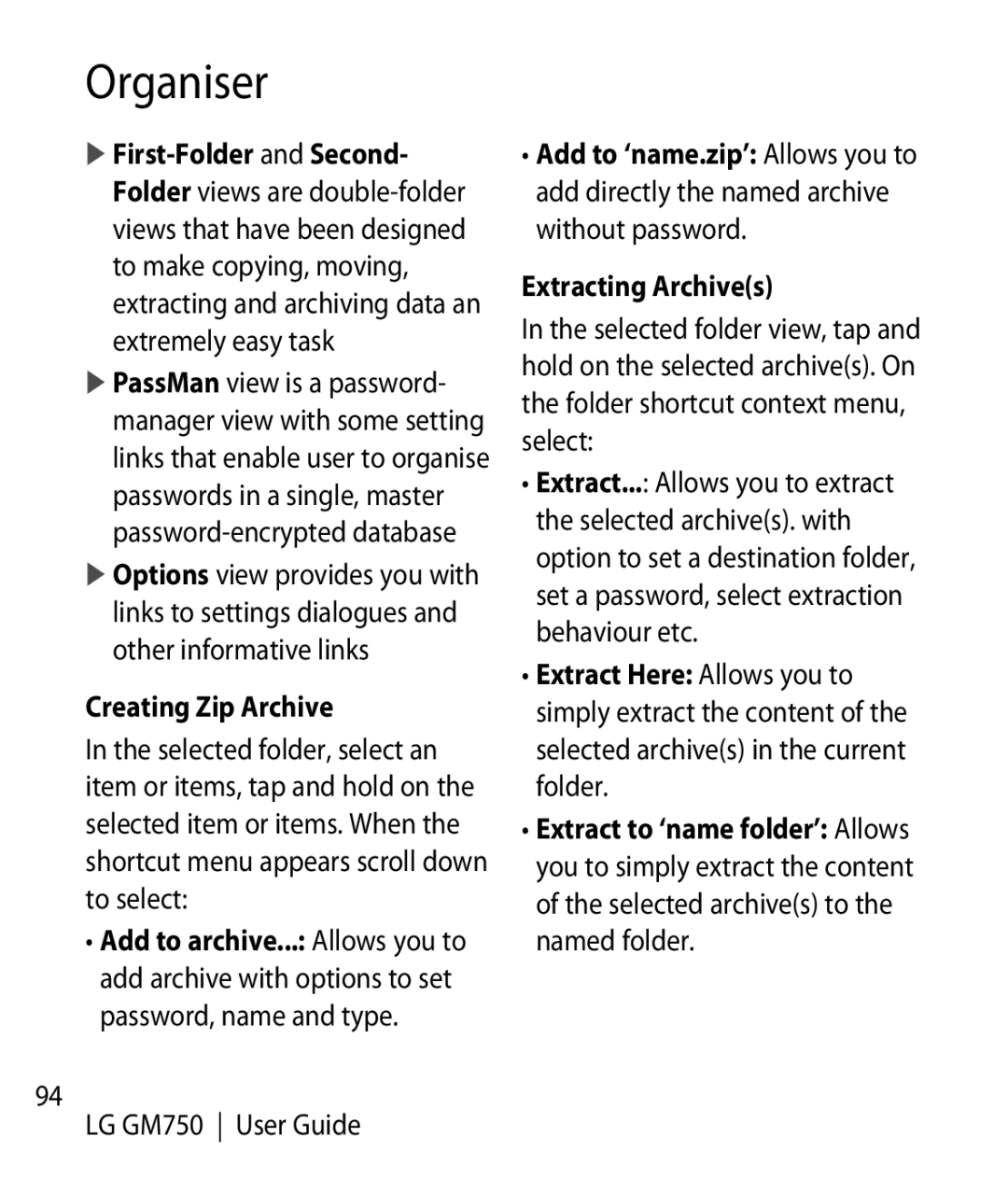 LG Electronics GM750 manual Creating Zip Archive 