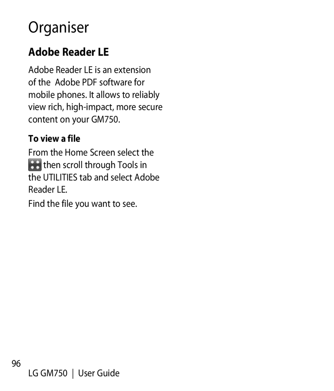 LG Electronics GM750 manual Adobe Reader LE, To view a file 