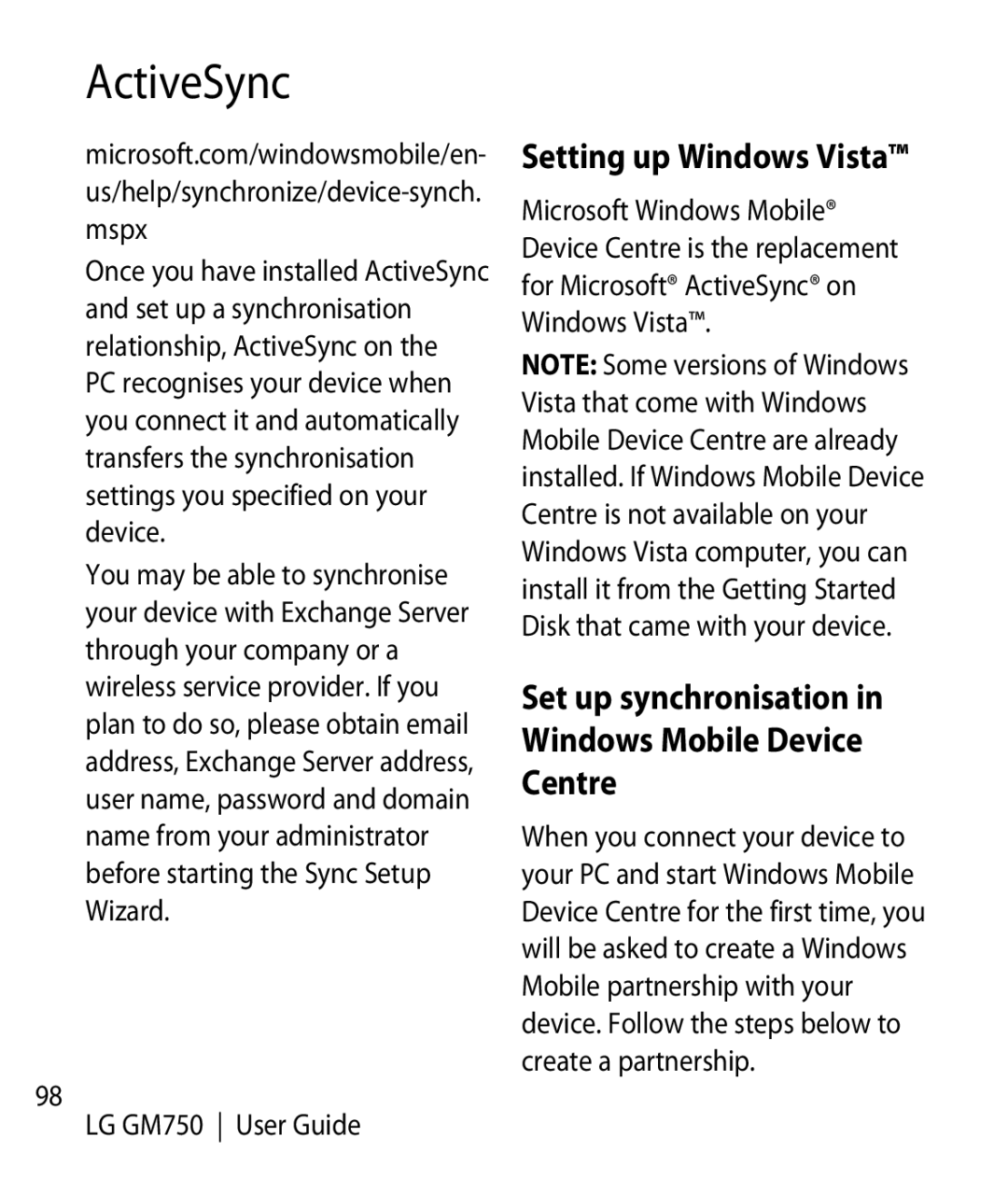LG Electronics GM750 manual Setting up Windows Vista, Set up synchronisation in Windows Mobile Device Centre 