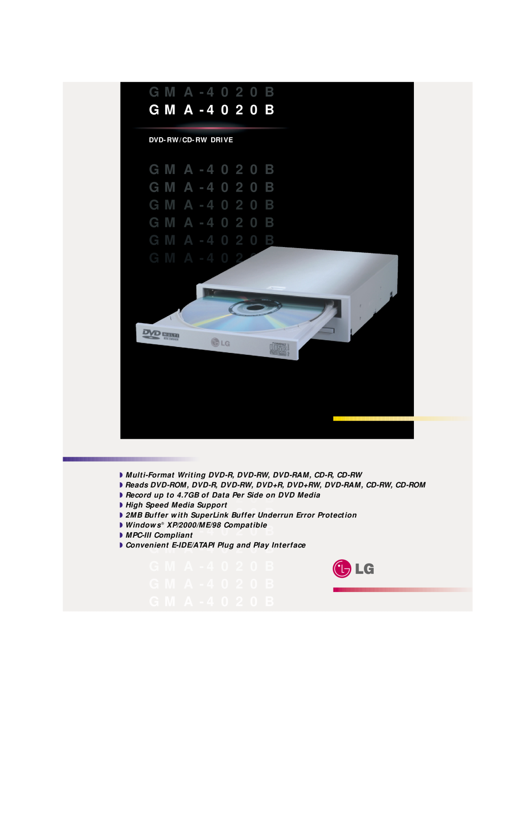 LG Electronics manual GMA-4020B GMA-4020B, Dvd-Rw/Cd-Rw Drive 