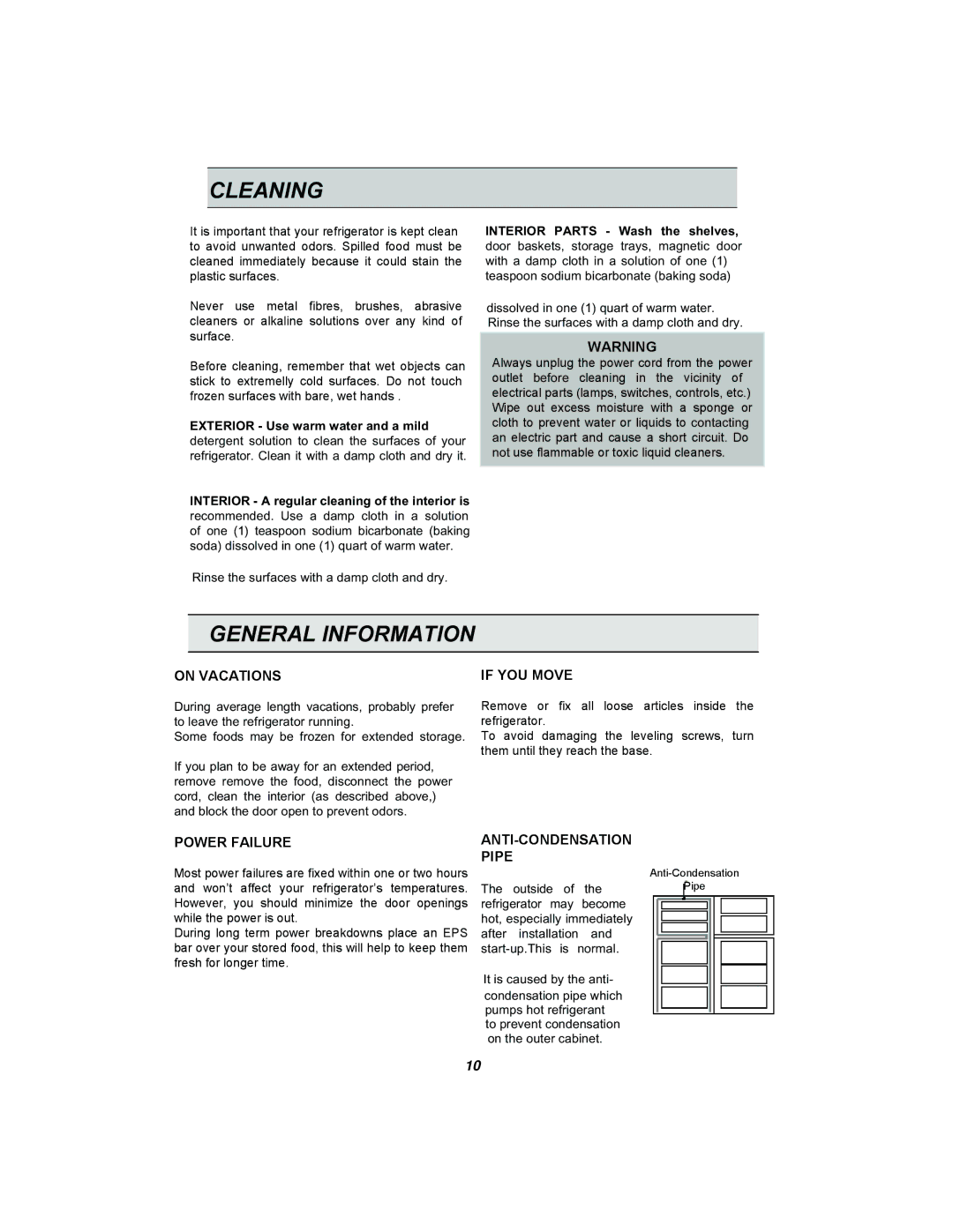 LG Electronics GR-382R Cleaning, General Information, On Vacations If YOU Move, Power Failure, ANTI-CONDENSATION Pipe 