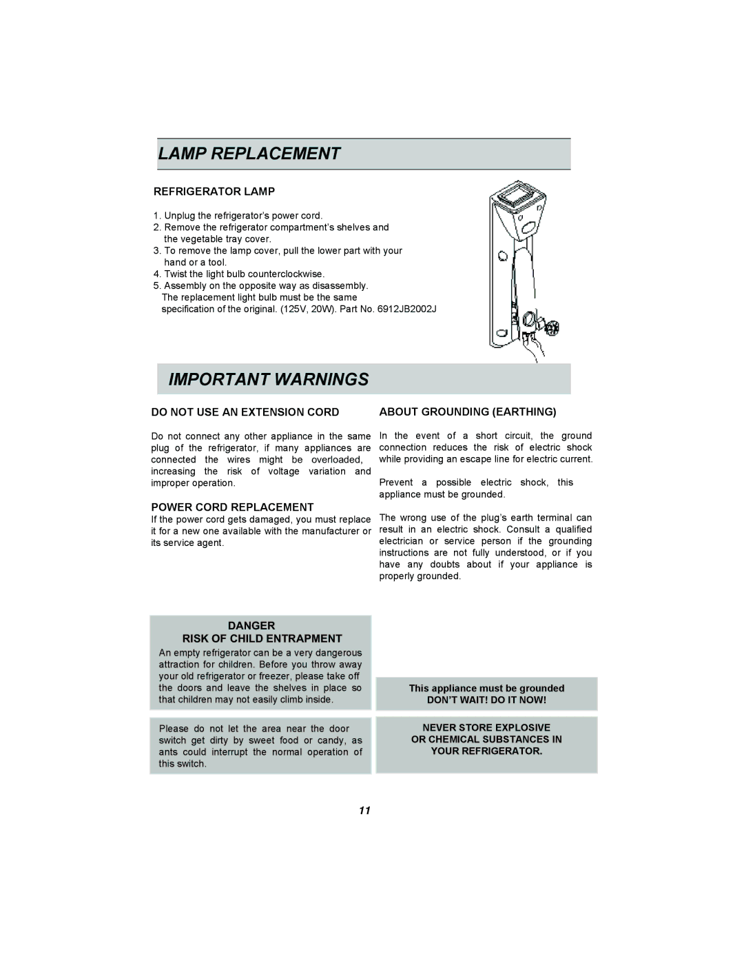 LG Electronics GR-382R manual Lamp Replacement, Important Warnings 