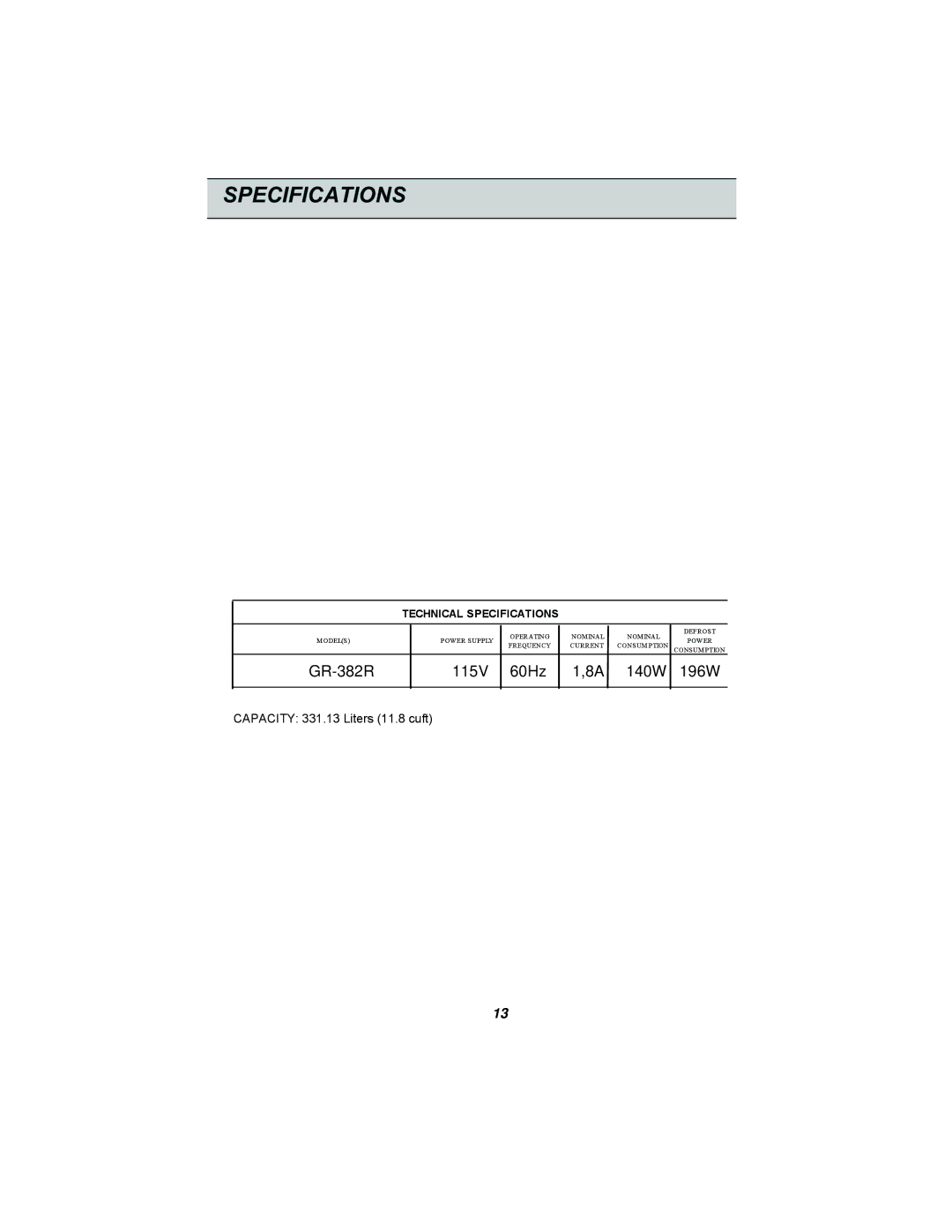 LG Electronics GR-382R manual Specifications 