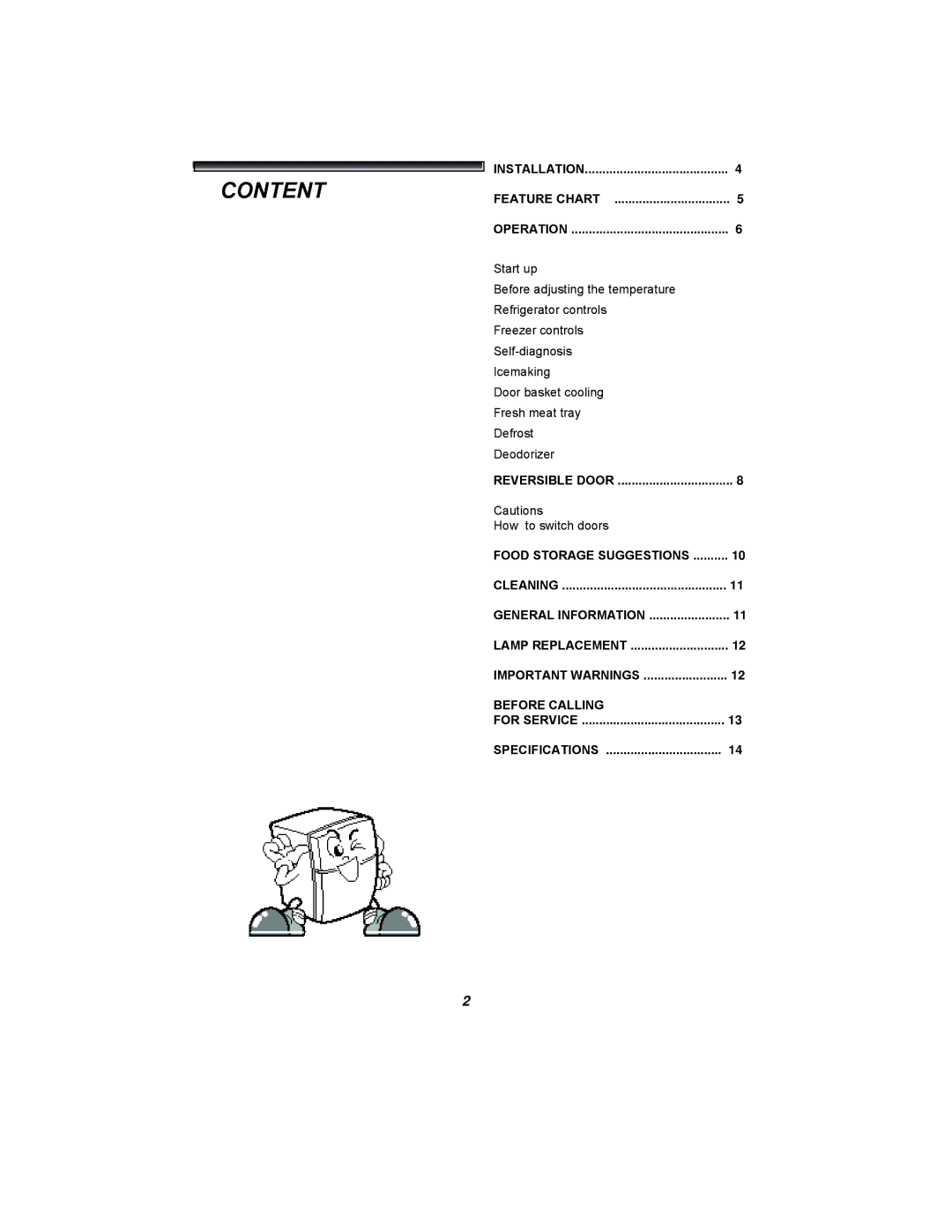 LG Electronics GR-382R manual Content, Feature Chart Operation, Reversible Door 