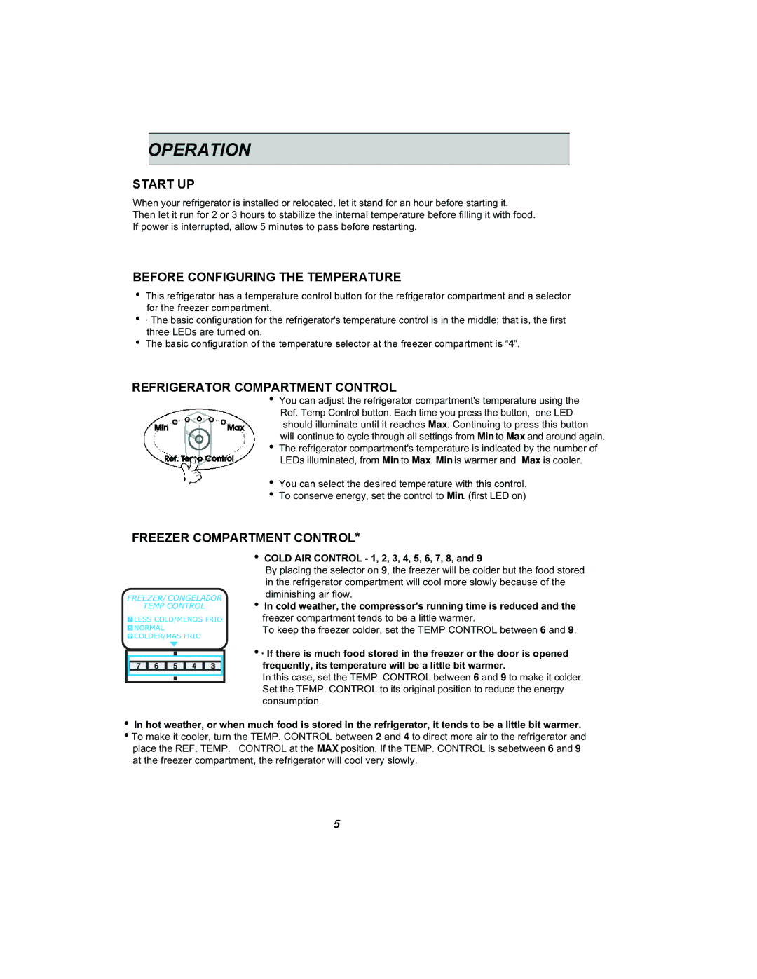 LG Electronics GR-382R manual Operation, Start UP, Before Configuring the Temperature, Refrigerator Compartment Control 