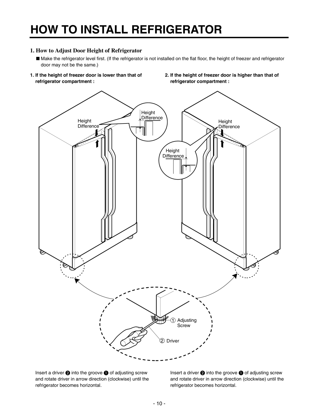 LG Electronics GR-P227/L227, GR-P257/L257 HOW to Install Refrigerator, How to Adjust Door Height of Refrigerator 