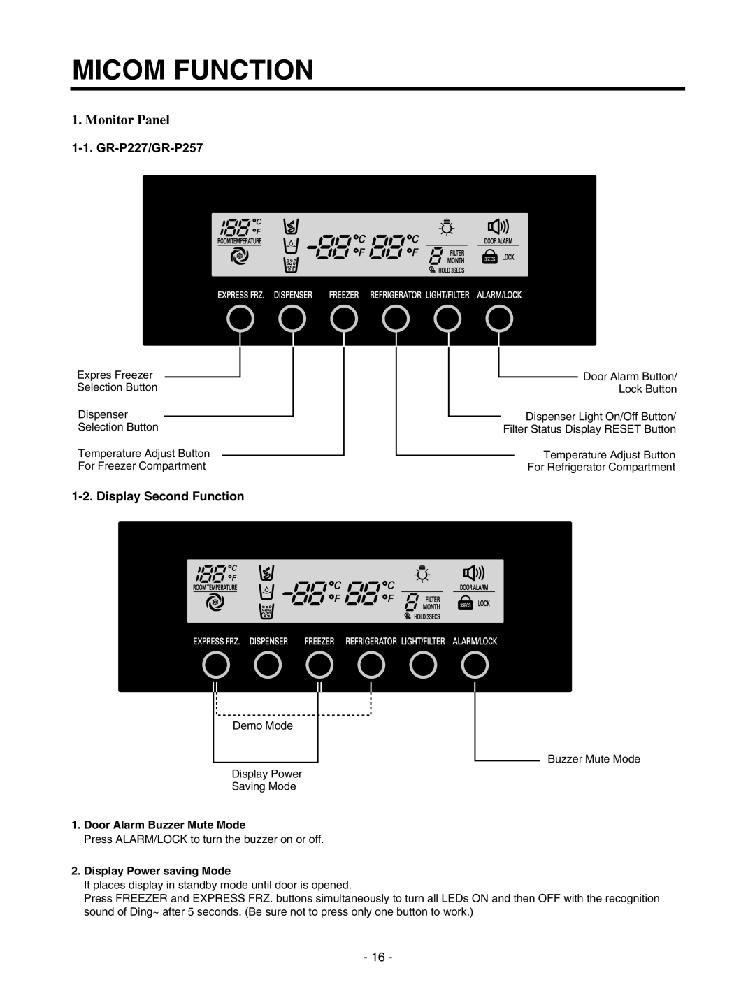 LG Electronics GR-P227/L227 Micom Function, Monitor Panel, Display Second Function, Door Alarm Buzzer Mute Mode 