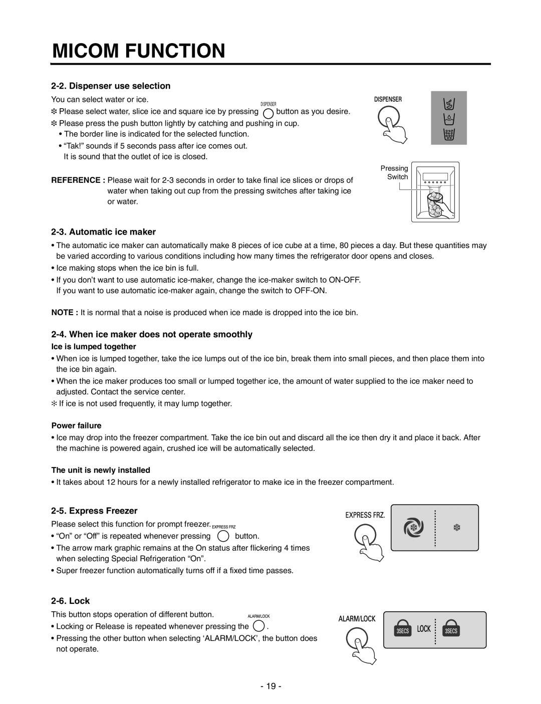 LG Electronics GR-P257/L257 Dispenser use selection, Automatic ice maker, When ice maker does not operate smoothly, Lock 