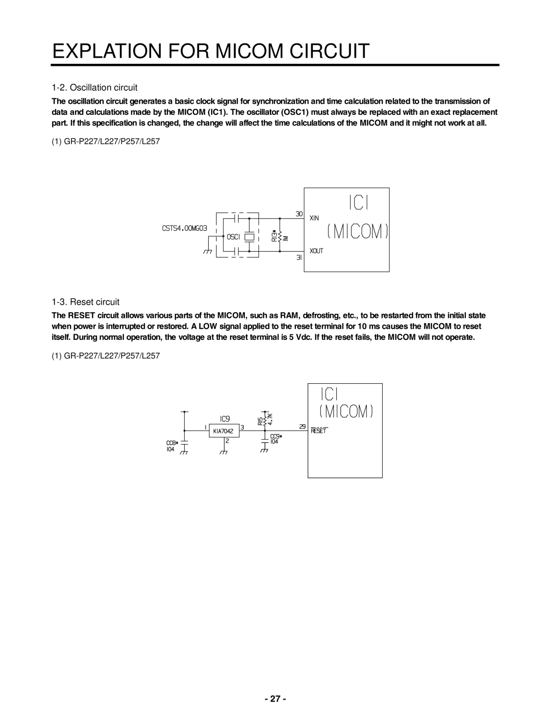 LG Electronics GR-P257/L257 service manual Oscillation circuit, Reset circuit, GR-P227/L227/P257/L257 