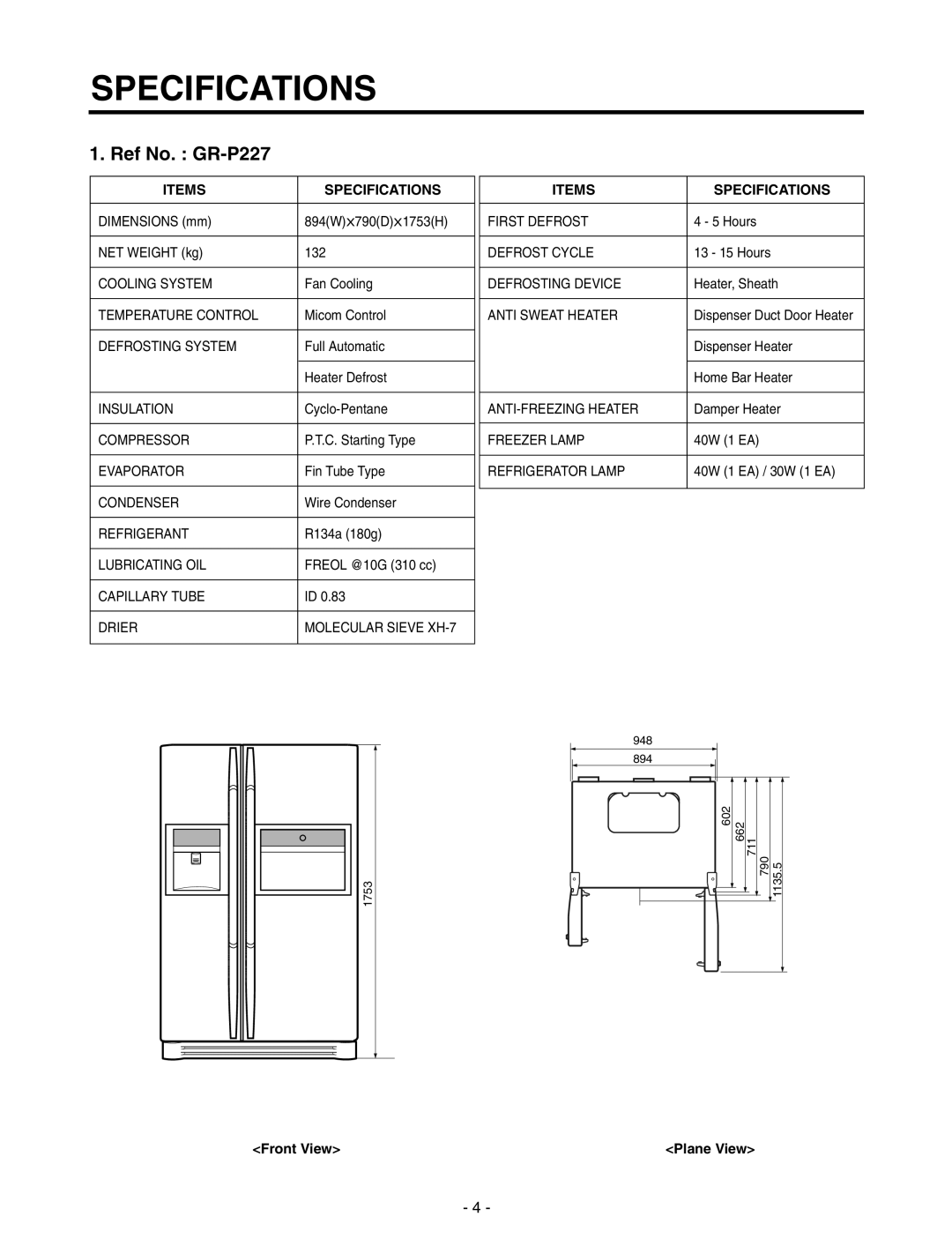 LG Electronics GR-P227/L227, GR-P257/L257 service manual Specifications, Front View 