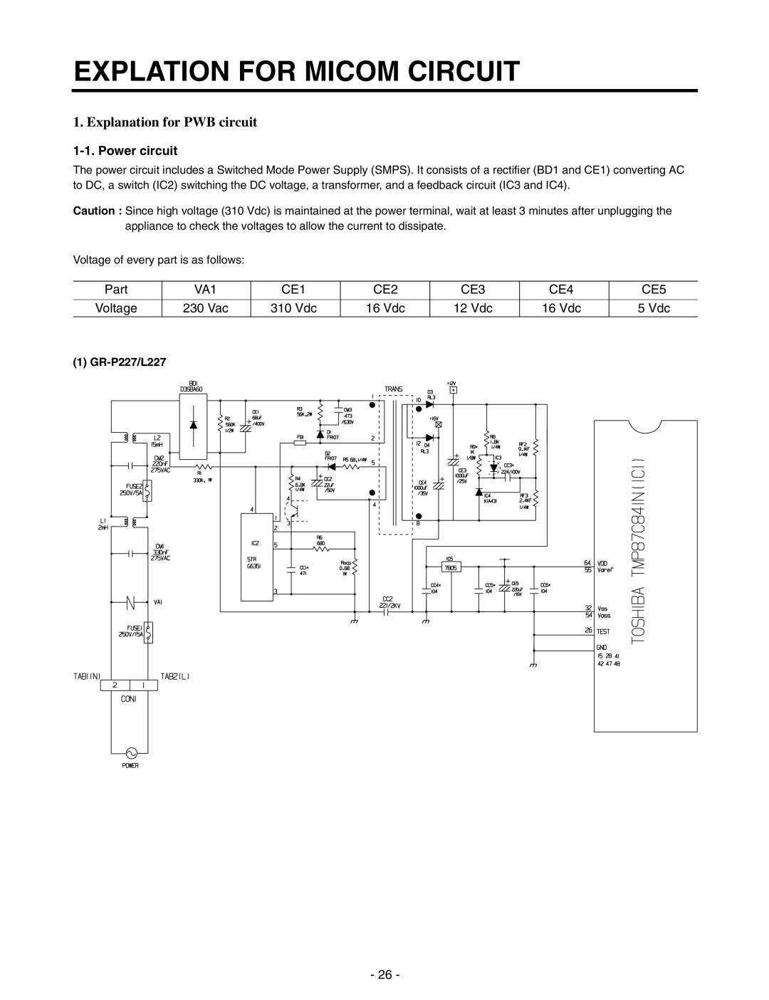 LG Electronics GR-P227/L227, GR-P257/L257 Explation For Micom Circuit, Explanation for PWB circuit, Power circuit 