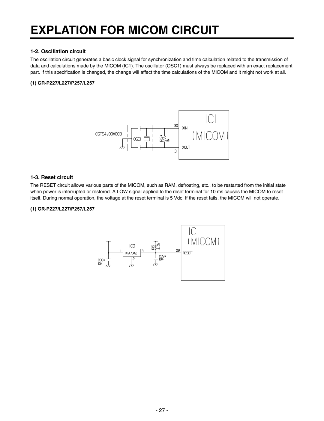 LG Electronics GR-P257/L257 Oscillation circuit, Reset circuit, Explation For Micom Circuit, GR-P227/L227/P257/L257 