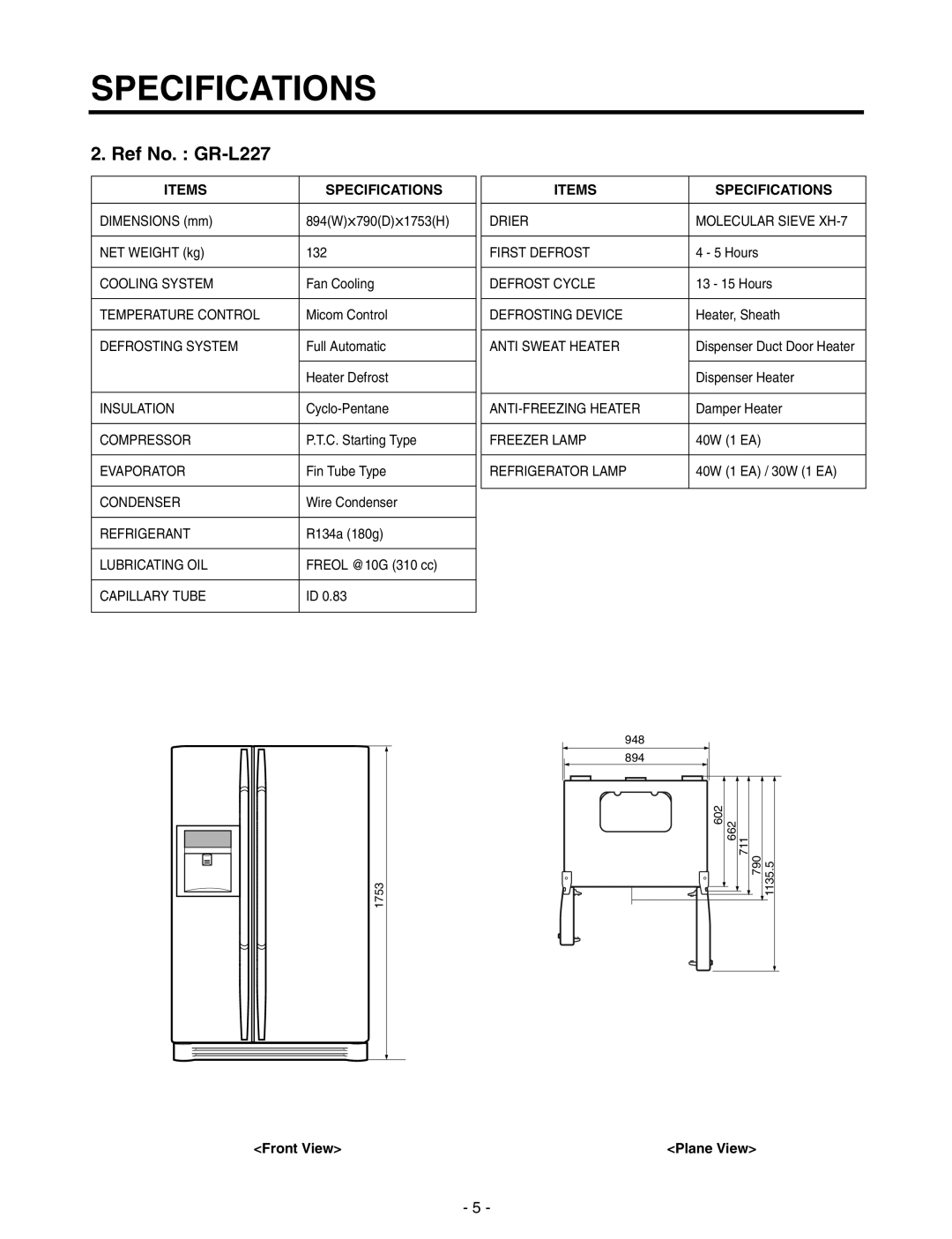 LG Electronics GR-P257/L257, GR-P227/L227 service manual Ref No. GR-L227, Specifications, Items, Front View 