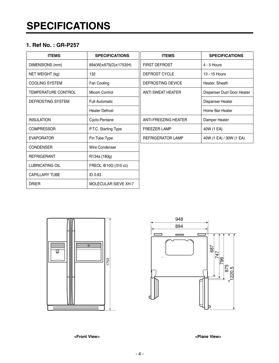 LG Electronics GR-P227/L227, GR-P257/L257 service manual Ref No. GR-P257, Specifications, Items, Front View 