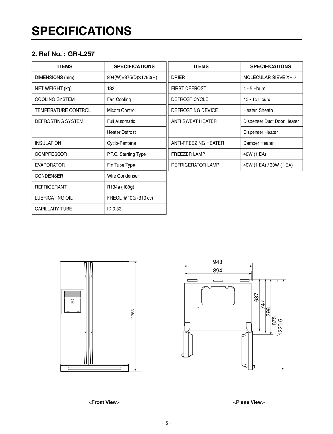 LG Electronics GR-P257/L257, GR-P227/L227 service manual Ref No. GR-L257, Specifications, Items, Front View 