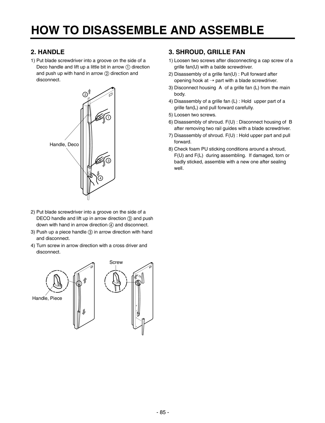 LG Electronics GR-P257/L257, GR-P227/L227 service manual Handle, Shroud, Grille Fan, How To Disassemble And Assemble 