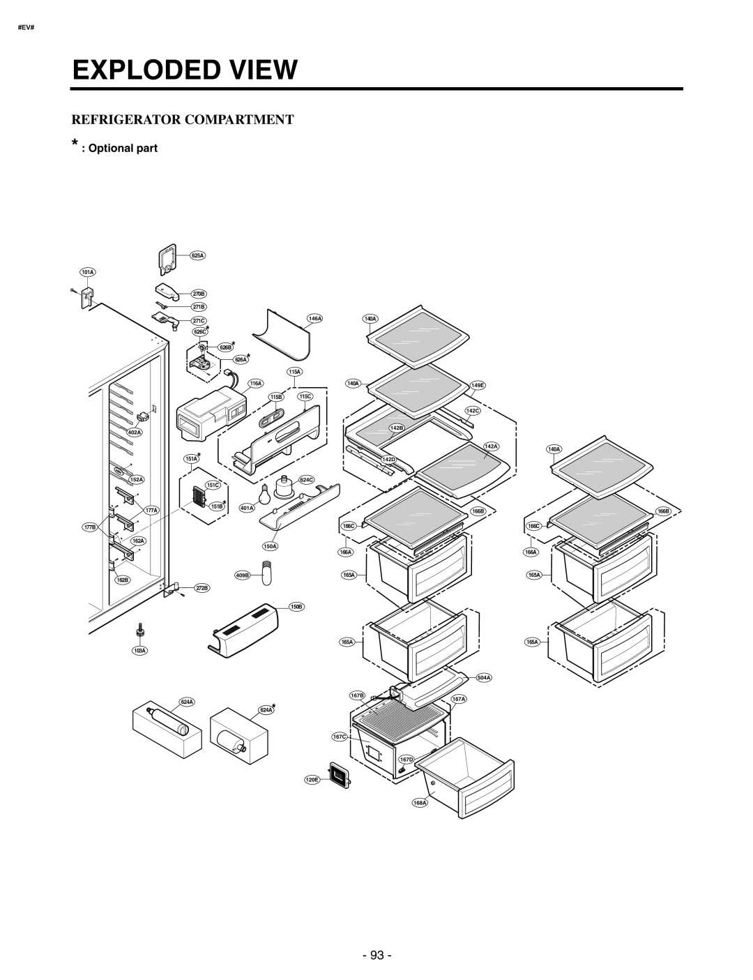 LG Electronics GR-P257/L257, GR-P227/L227 Refrigerator Compartment, Exploded View, Optional part, #Ev#, 165A, 150B 