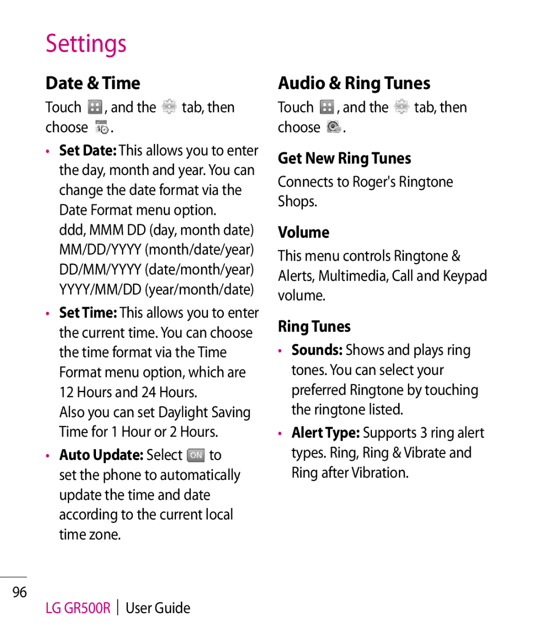 LG Electronics GR500R manual Date & Time, Get New Ring Tunes, Volume 