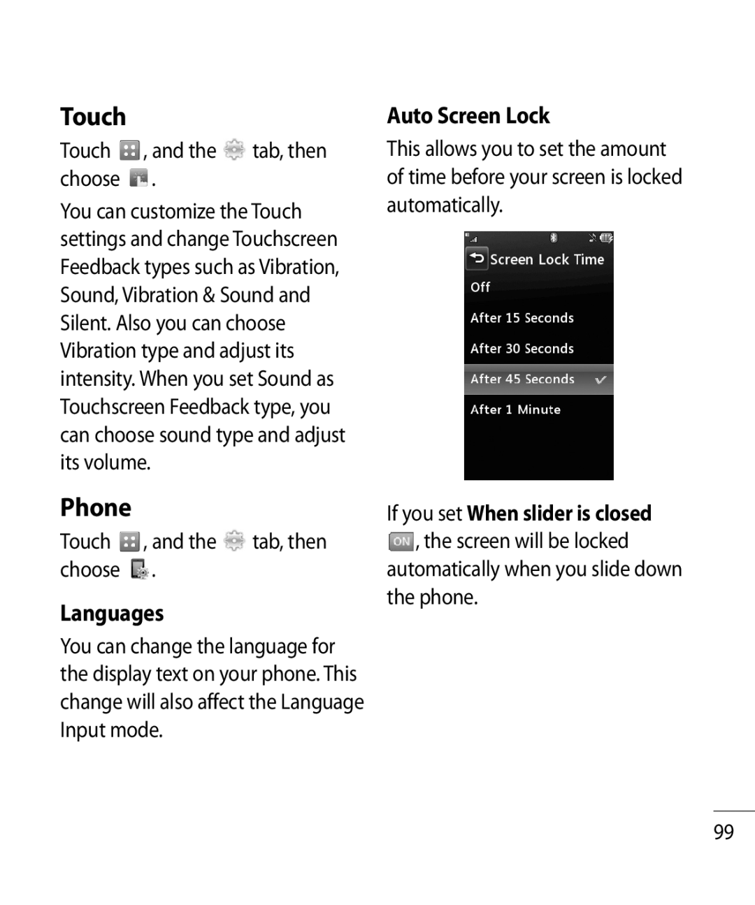 LG Electronics GR500R manual Touch, Phone, Languages, Auto Screen Lock, If you set When slider is closed 