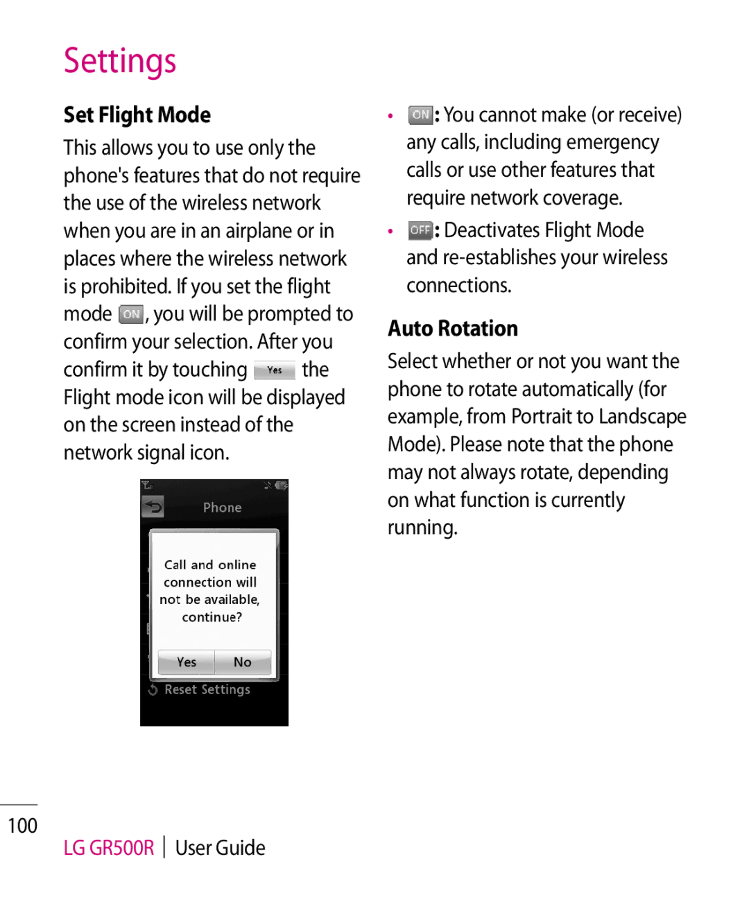 LG Electronics manual Set Flight Mode, Auto Rotation, LG GR500R User Guide 