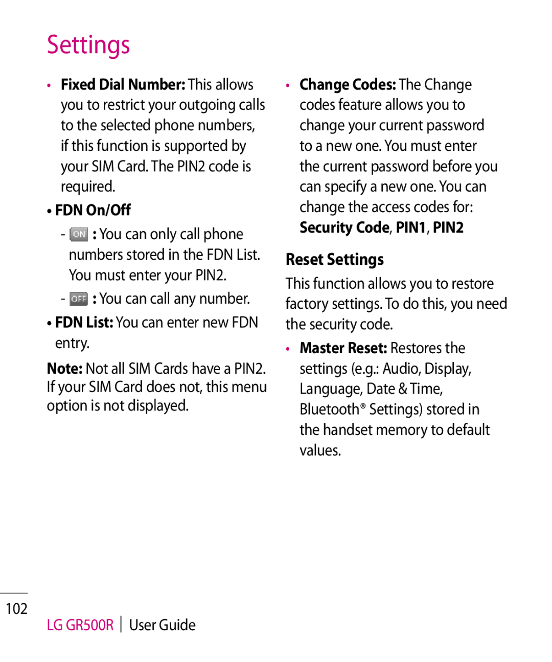 LG Electronics GR500R manual Reset Settings, FDN On/Off, Master Reset Restores 