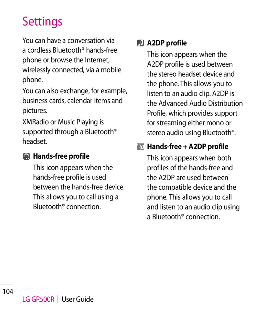 LG Electronics manual Hands-free profile, LG GR500R User Guide, Hands-free + A2DP profile 