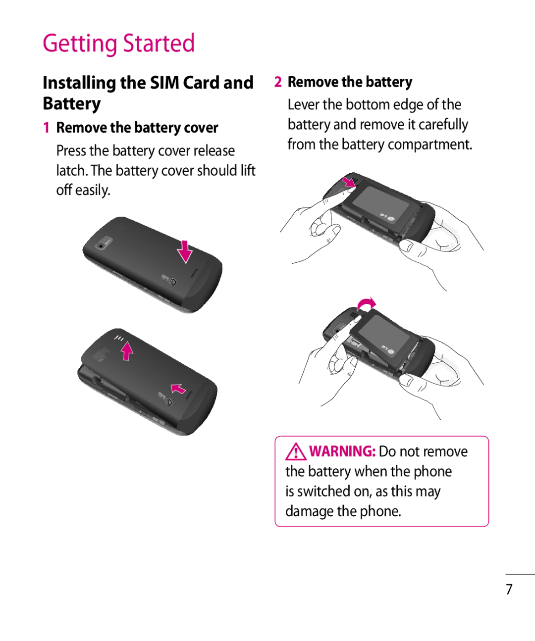 LG Electronics GR500R manual Getting Started, Installing the SIM Card and Battery 