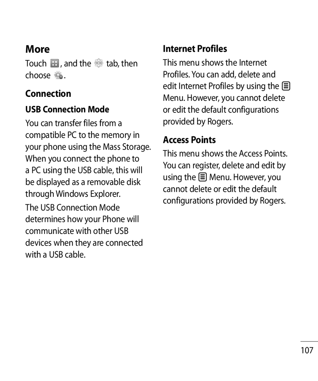 LG Electronics GR500R manual More, Internet Profiles, Access Points, USB Connection Mode 