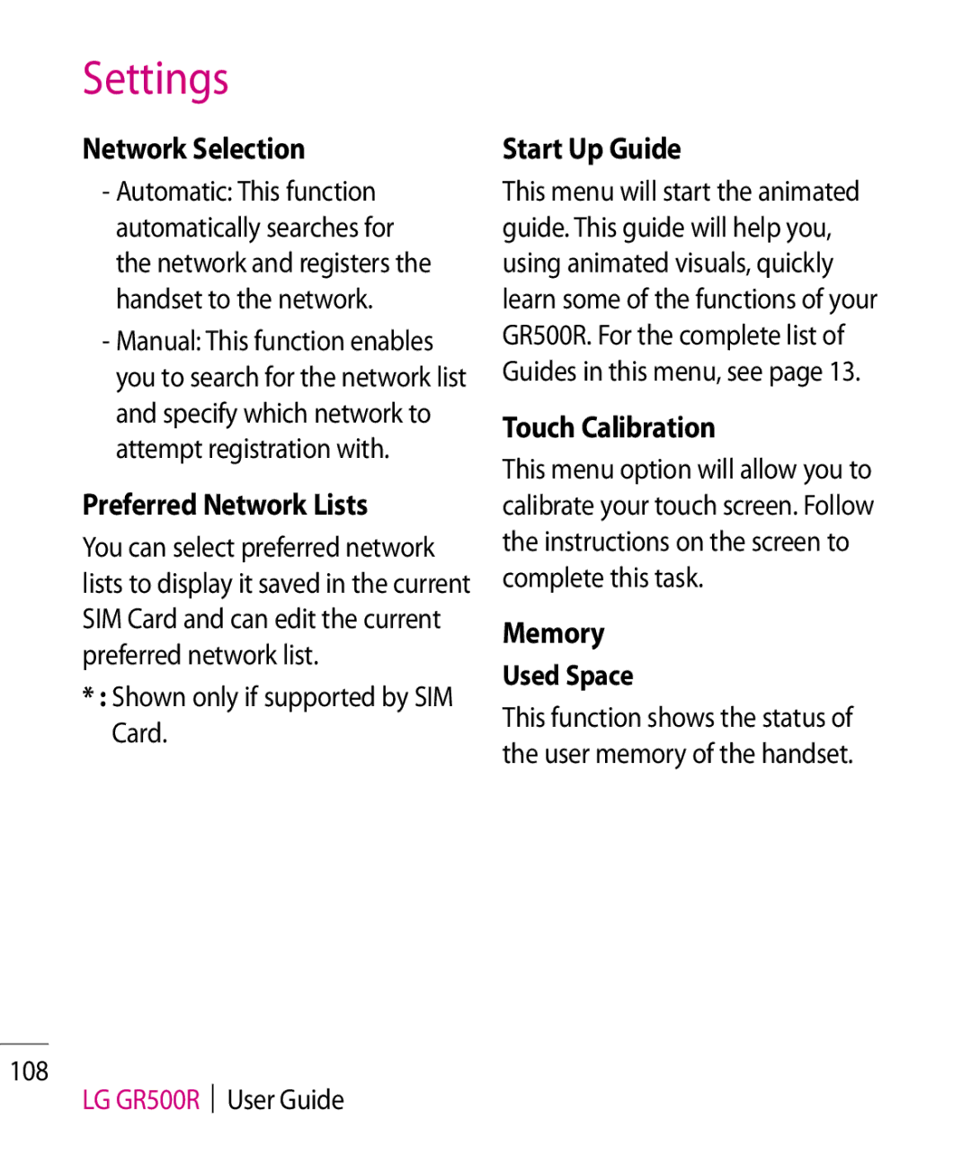 LG Electronics GR500R manual Network Selection, Preferred Network Lists, Touch Calibration, Memory, Used Space 