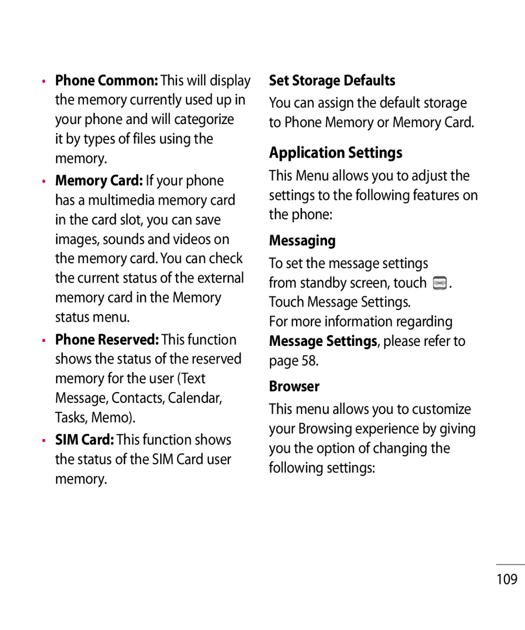 LG Electronics GR500R manual Application Settings, Set Storage Defaults, Messaging, Browser, 109 