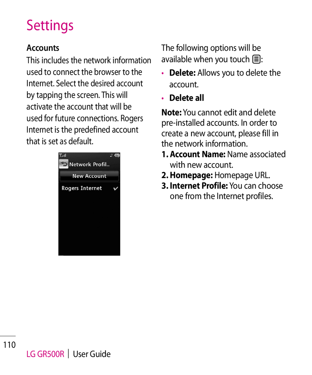 LG Electronics manual Accounts, LG GR500R User Guide, Delete Allows you to delete the account, Delete all 