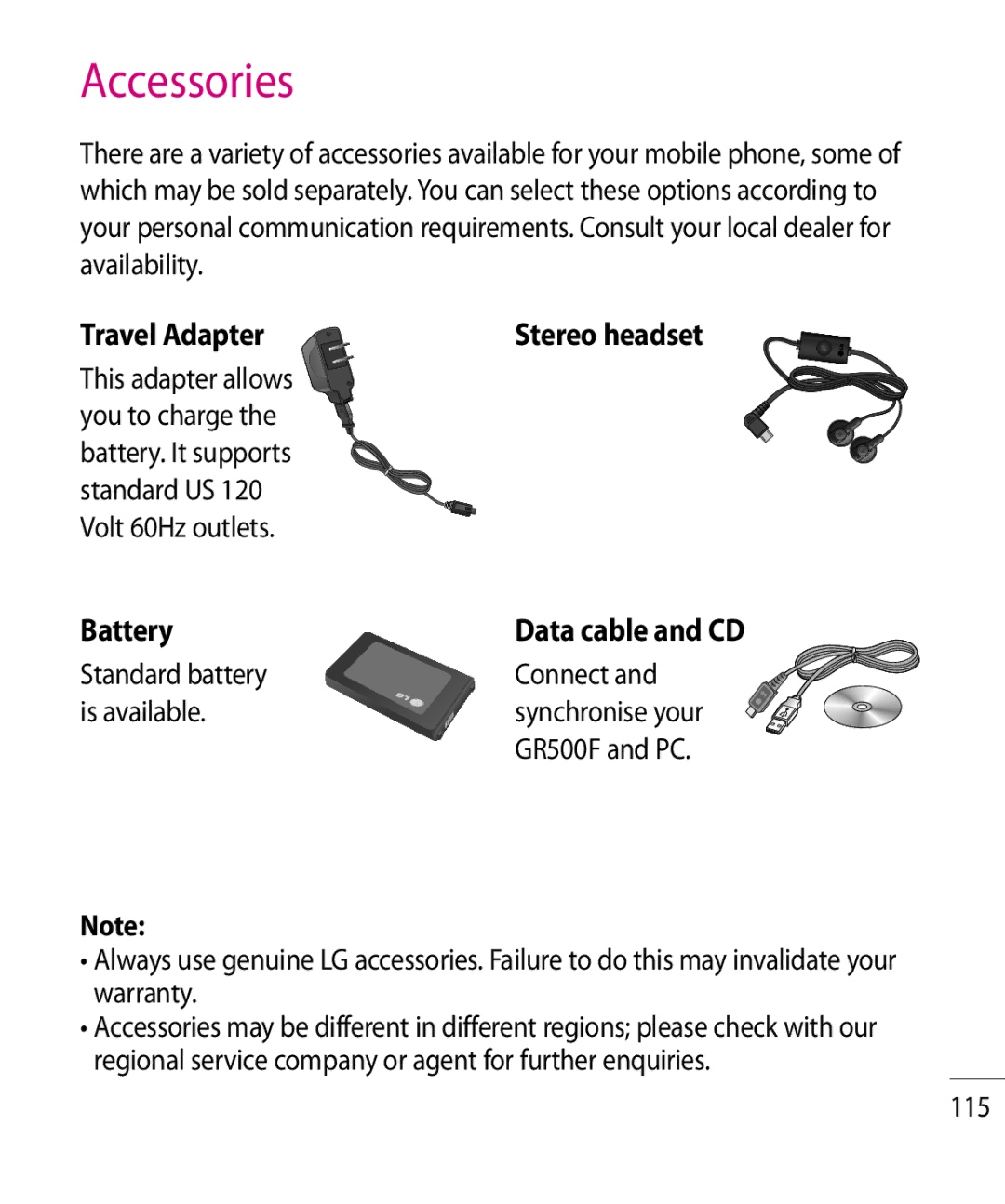 LG Electronics GR500R manual Accessories, Travel Adapter, Battery, 115 