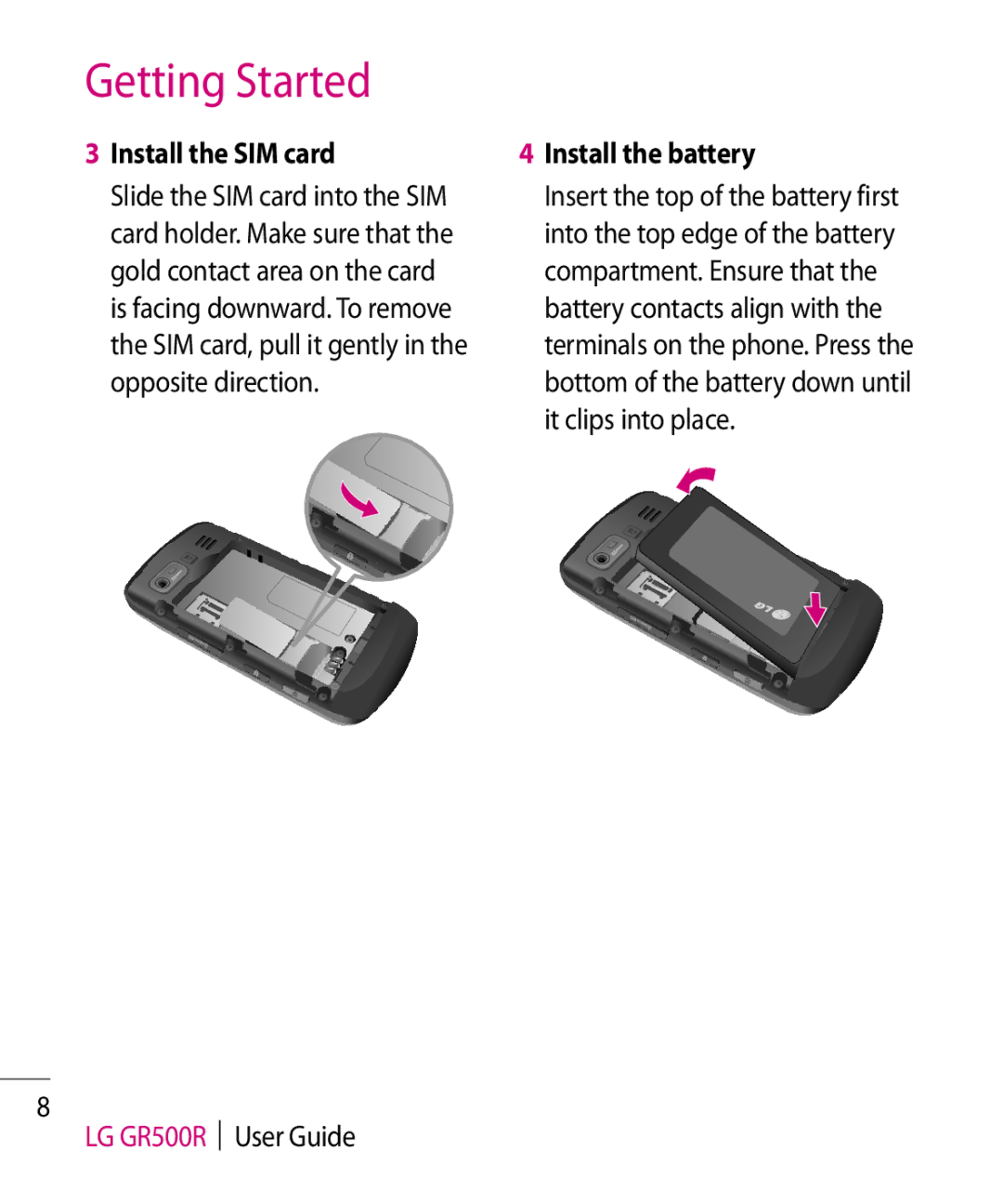 LG Electronics GR500R manual Install the SIM card, Install the battery 