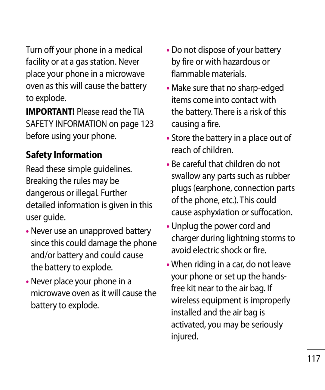 LG Electronics GR500R manual Safety Information, Store the battery in a place out of reach of children 