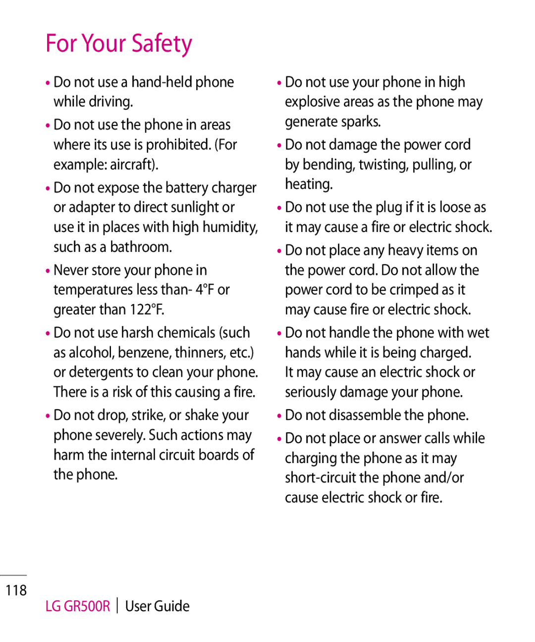 LG Electronics manual Do not use a hand-held phone while driving, Do not disassemble the phone, LG GR500R User Guide 