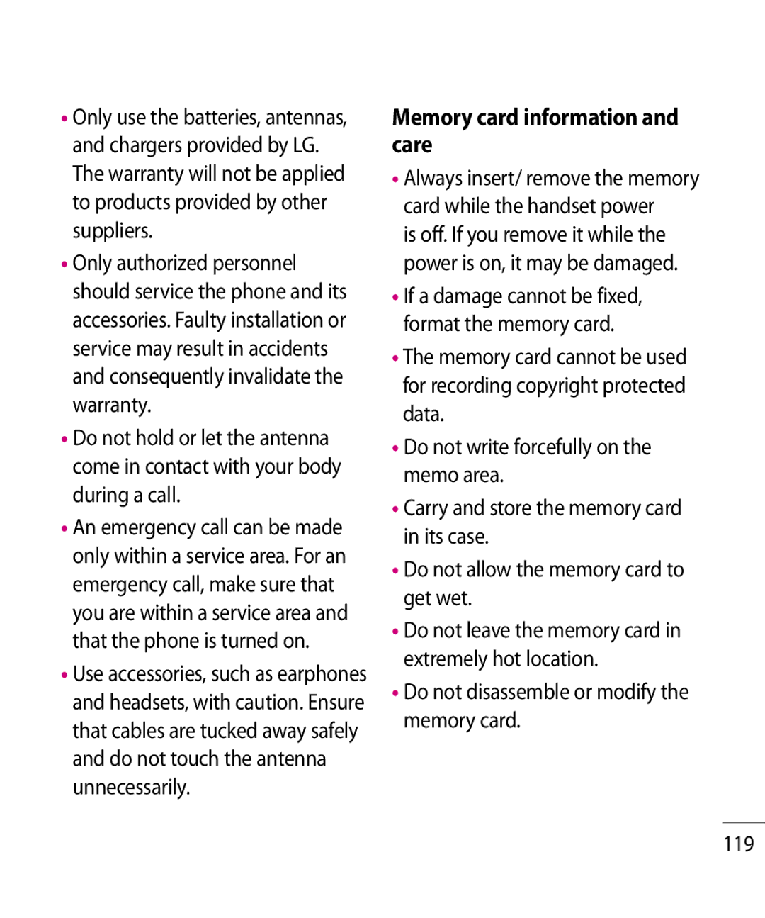 LG Electronics GR500R manual Memory card information and care, Do not disassemble or modify the memory card 119 