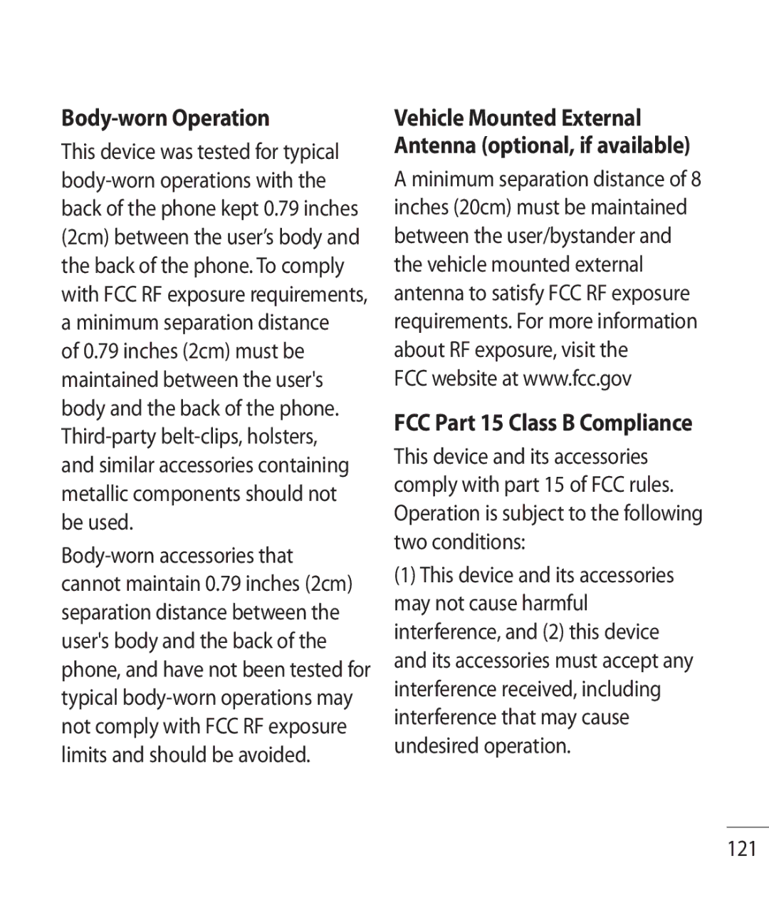 LG Electronics GR500R manual Body-worn Operation, FCC Part 15 Class B Compliance, 121 