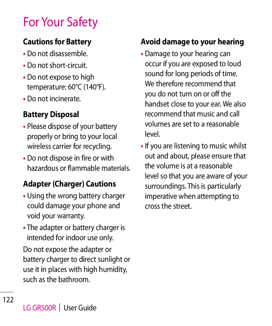 LG Electronics GR500R manual Battery Disposal, Adapter Charger Cautions, Avoid damage to your hearing 